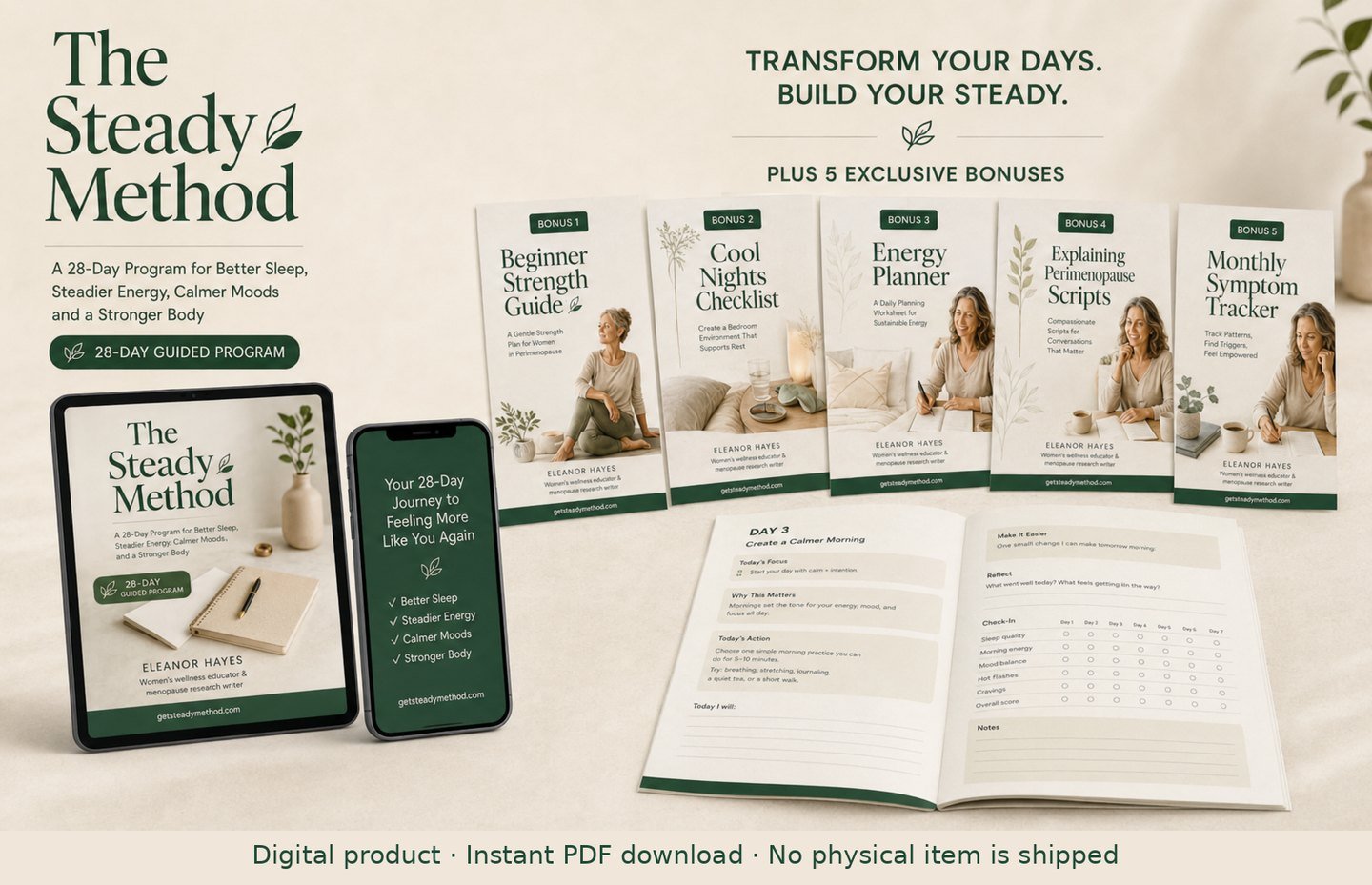 The Steady Method 28-day program shown on tablet and phone, with the open printed workbook and the five bonus guides